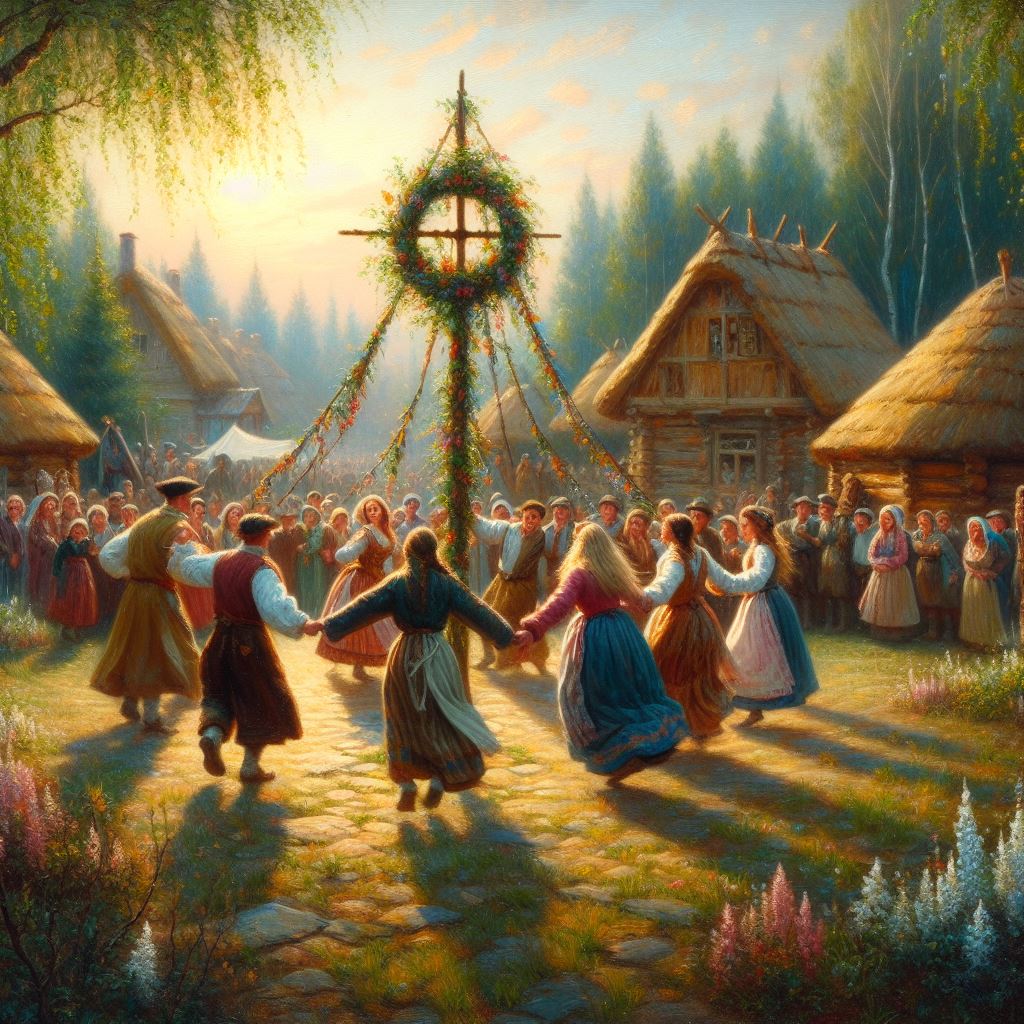 Villagers celebrating May Day around Maypole