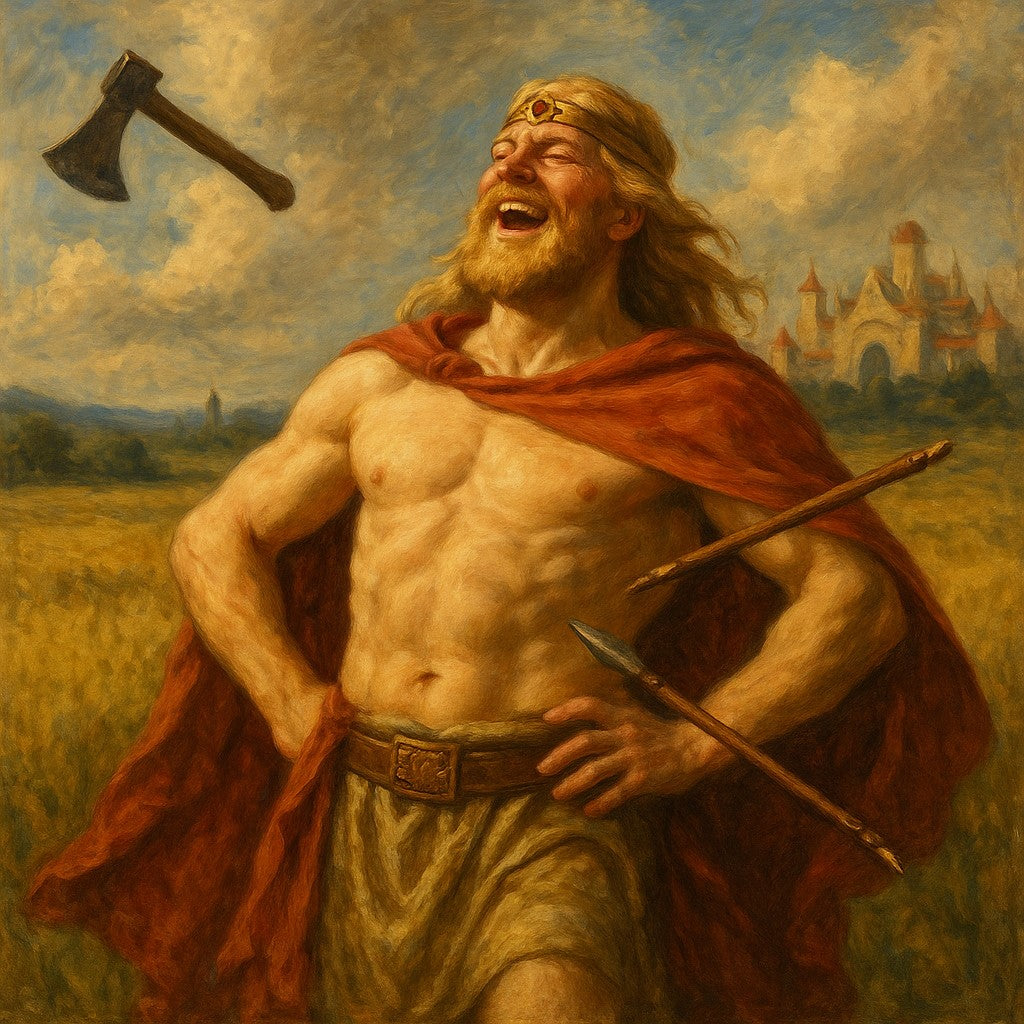 Baldr is laughing as thrown weapons bounce off him