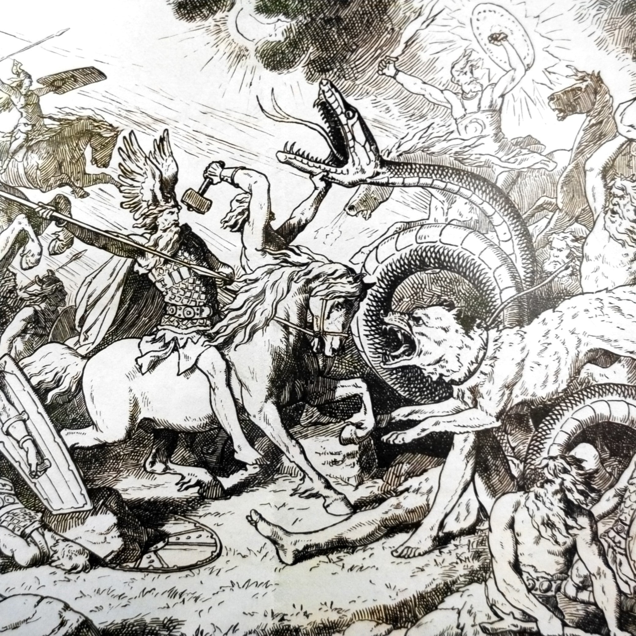 Battle of Ragnarok, Thor fighting with Jormungandr and Odin fighting Fenrir
