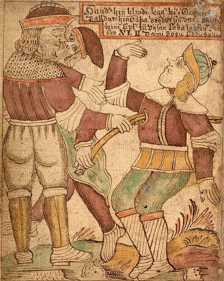 Hodr slaying Baldr with Loki's help