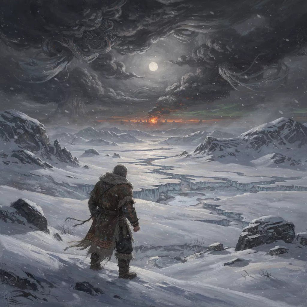 A solitary Norse figure stands on a frozen plain during Fimbulwinter, facing a vast snow-covered landscape beneath a darkened sky, symbolizing endurance and resilience before Ragnarök.