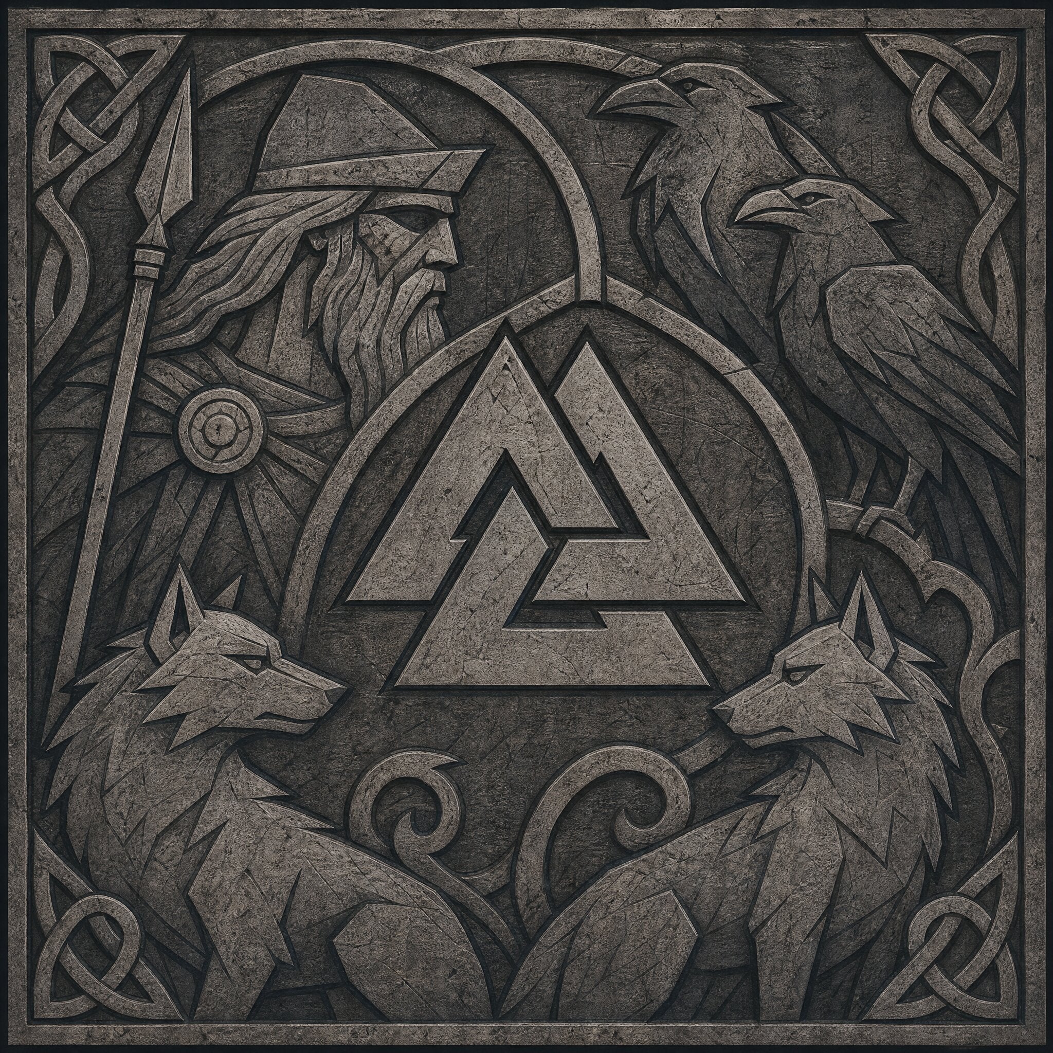 Depiction of the Valknut symbol surrounded by Odin, the wolves Geri and Freki, and the ravens Huginn and Muninn.