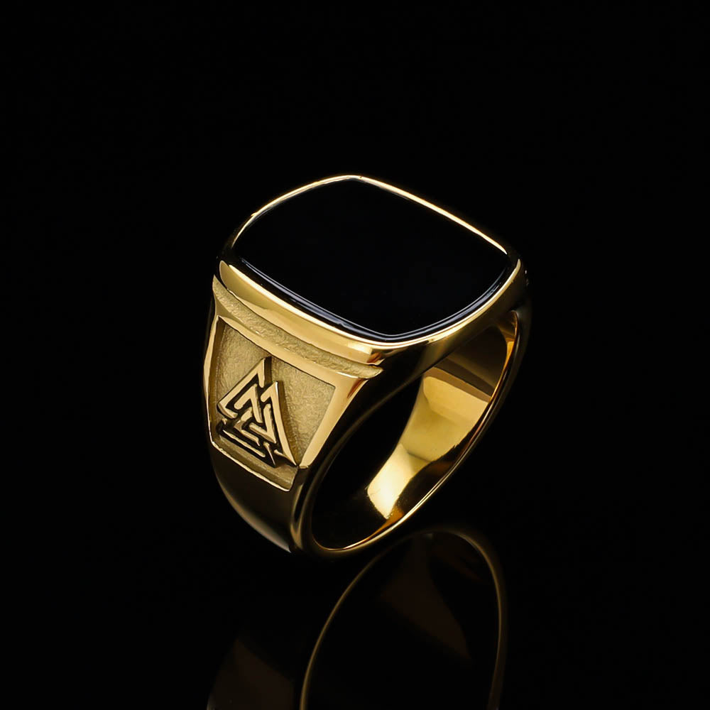Odin's Oath Signet Ring - Golden Stainless Steel & Natural Agate