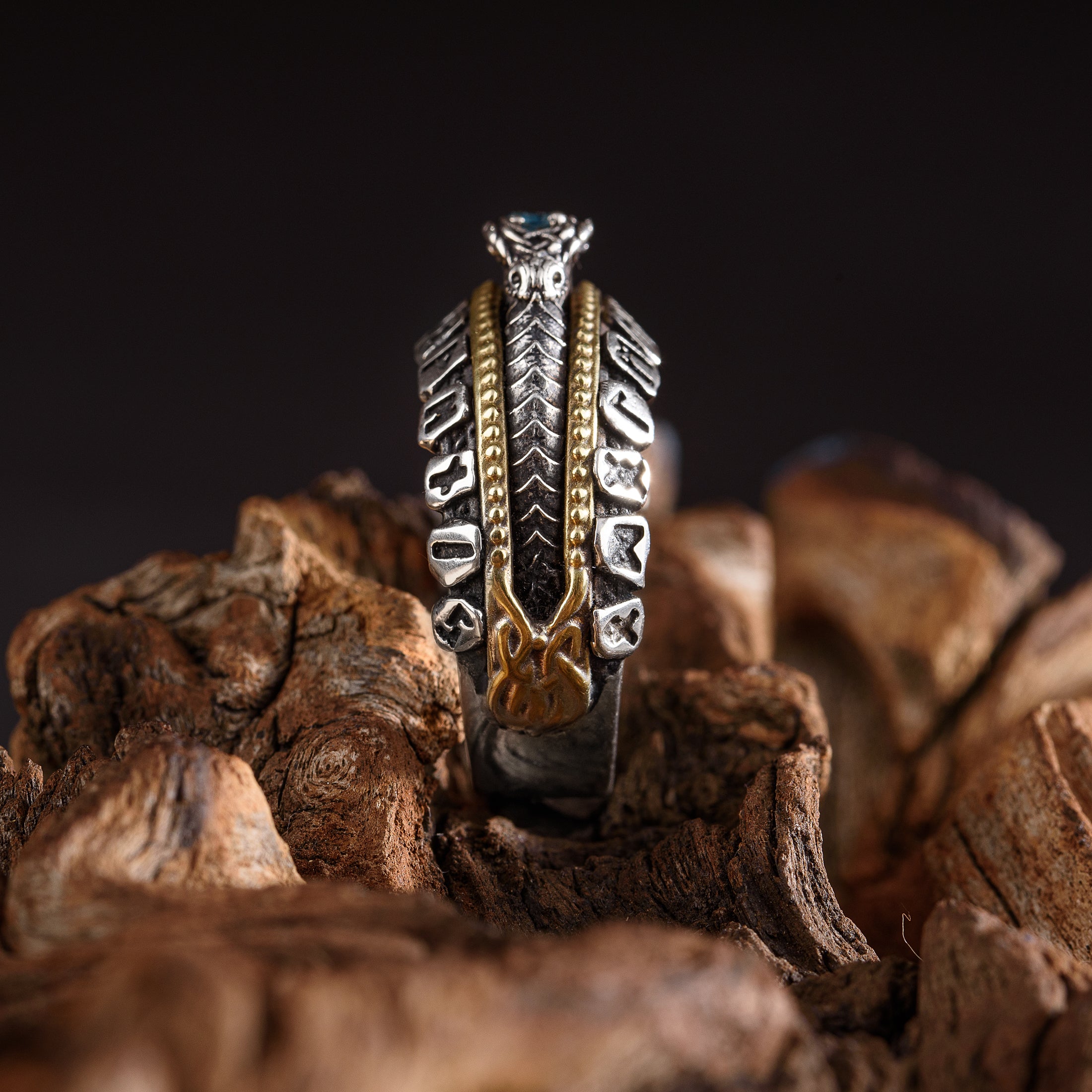 Handcrafted Golden Scales Jormungandr Ring - Sterling Silver, Brass and Sapphire