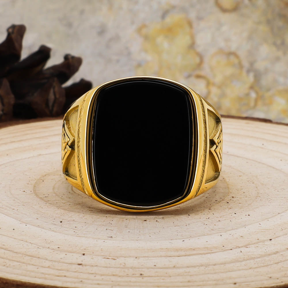 Odin's Oath Signet Ring - Golden Stainless Steel & Natural Agate