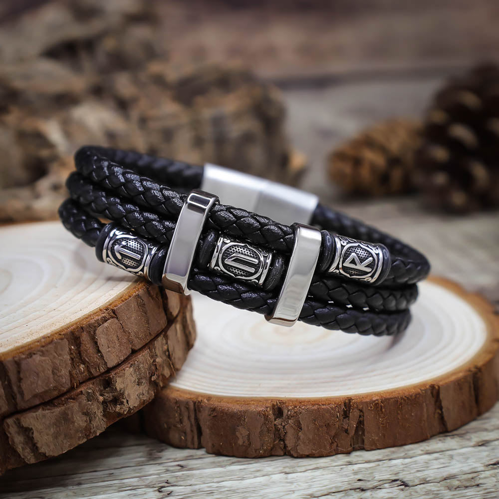 Tyr Bead Triple Band Leather Bracelet