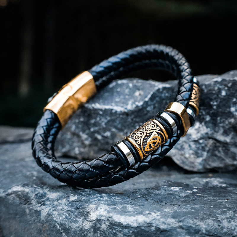 Viking Runic Braided Bracelet Norse Leather Bracelet with Rune Beads