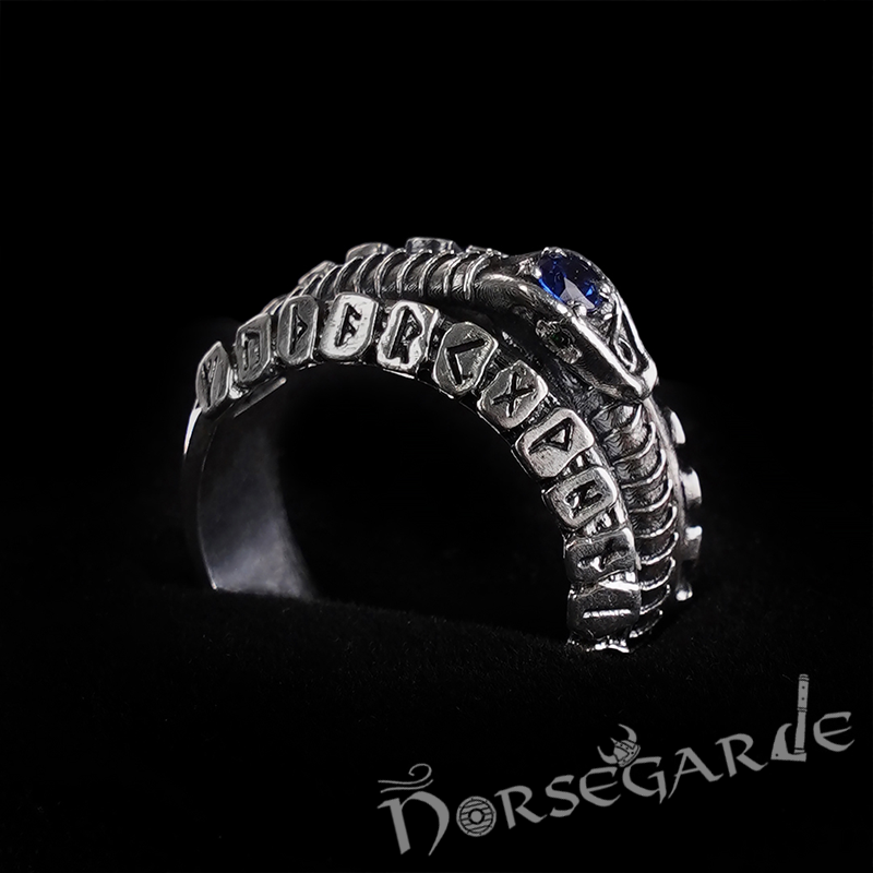 Handcrafted Jormungandr and Rune Wheel Ring - Sterling Silver and Sapphire