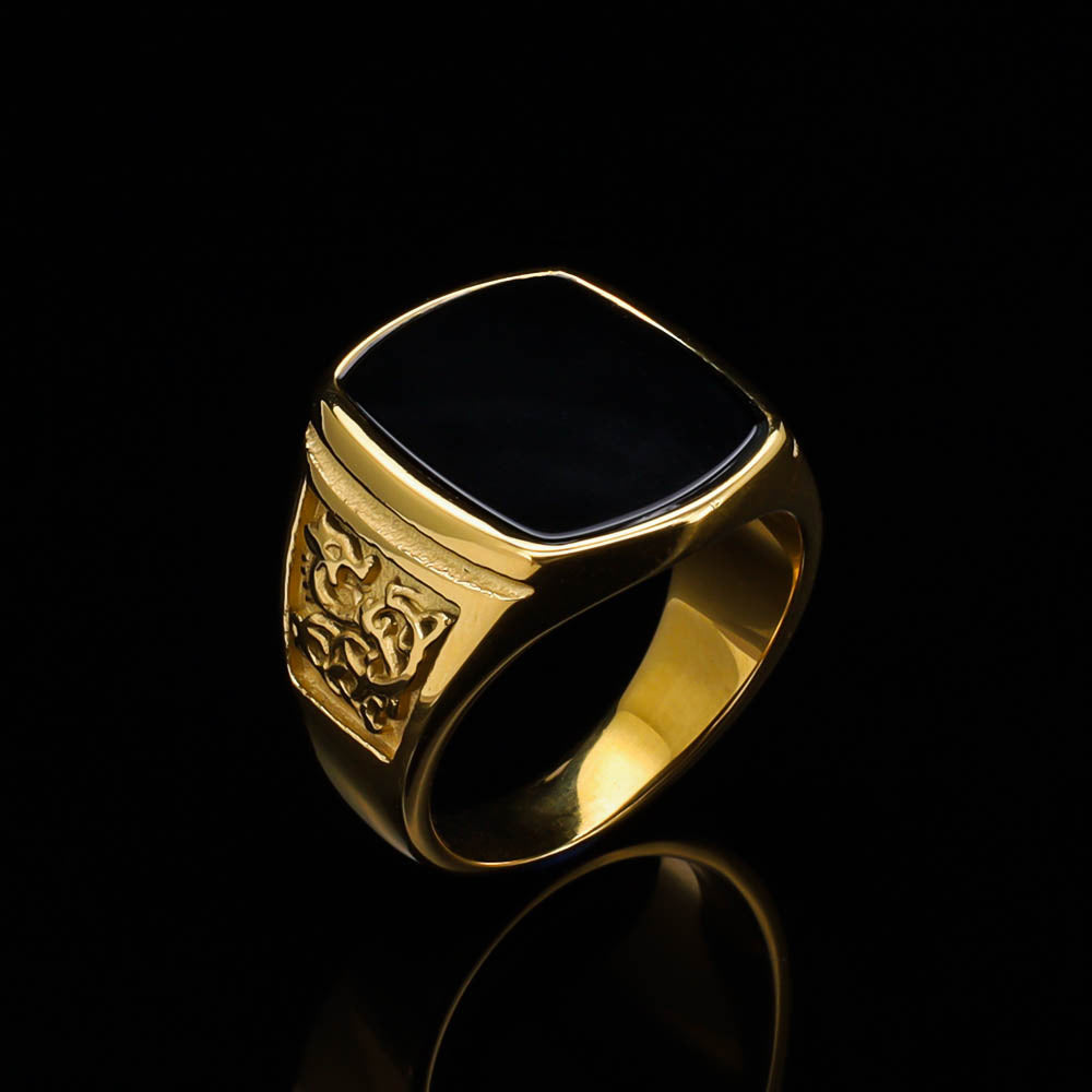 Fenrir Unbound Signet Ring - Golden Stainless Steel & Natural Agate