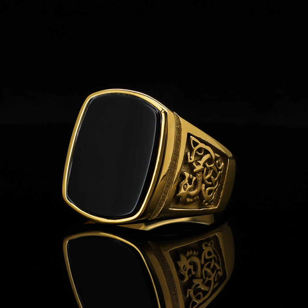 Fenrir Unbound Signet Ring - Golden Stainless Steel & Natural Agate