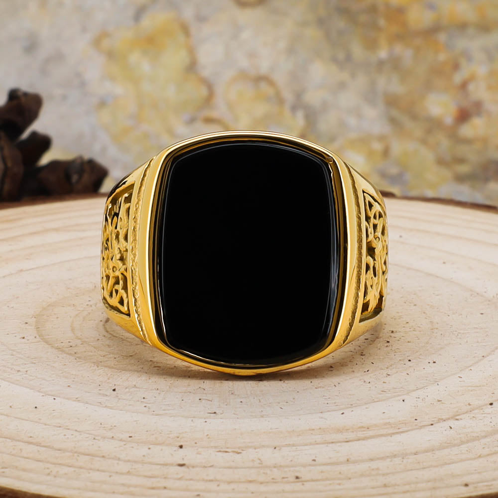 Fenrir Unbound Signet Ring - Golden Stainless Steel & Natural Agate