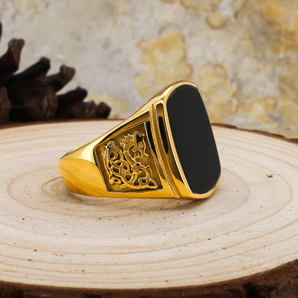 Fenrir Unbound Signet Ring - Golden Stainless Steel & Natural Agate