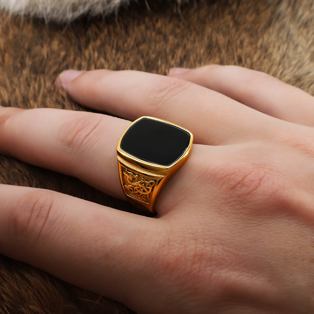 Fenrir Unbound Signet Ring - Golden Stainless Steel & Natural Agate