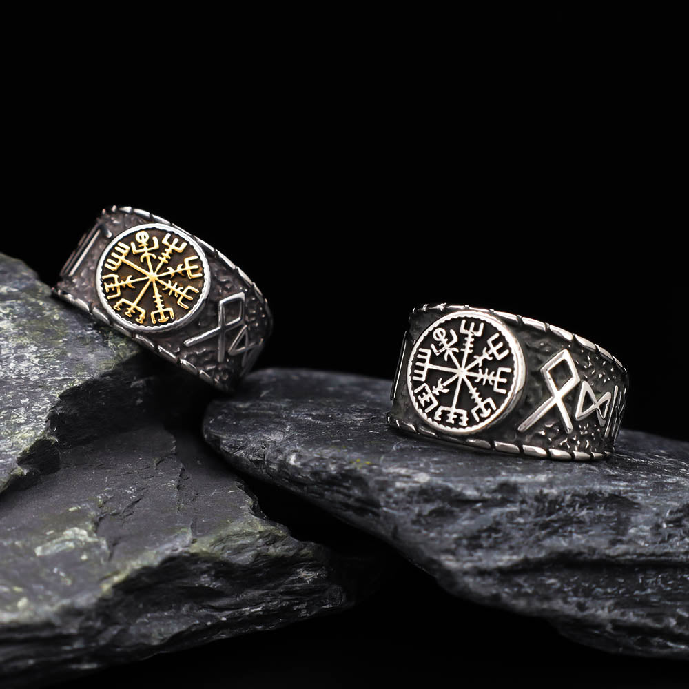 Vegvisir Elder Runes Signet Ring - Stainless Steel