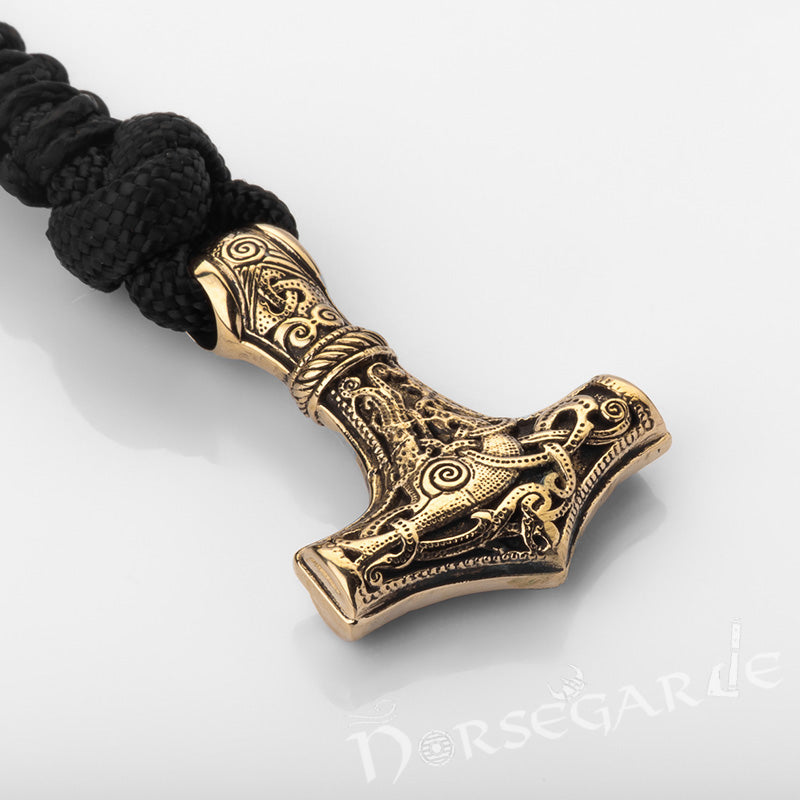 Handcrafted Ash Paracord Bracelet with Mjölnir and Runes - Brass