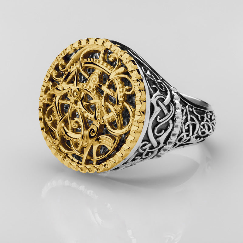 Handcrafted Golden Clash of Serpents Signet Ring - Sterling Silver