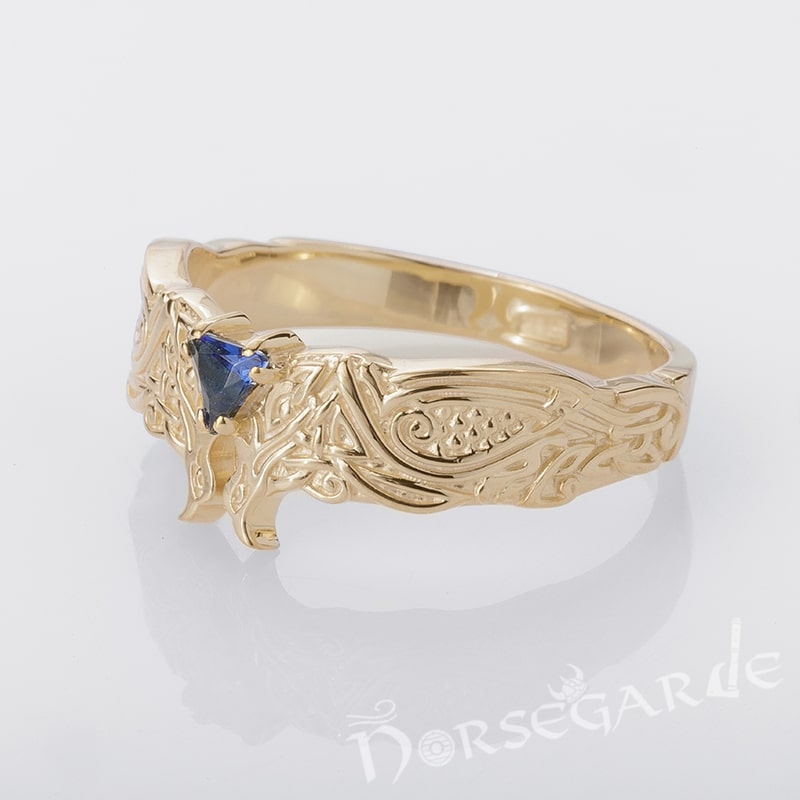 Handcrafted Celtic Ravens Gemmed Band - Gold with Gem