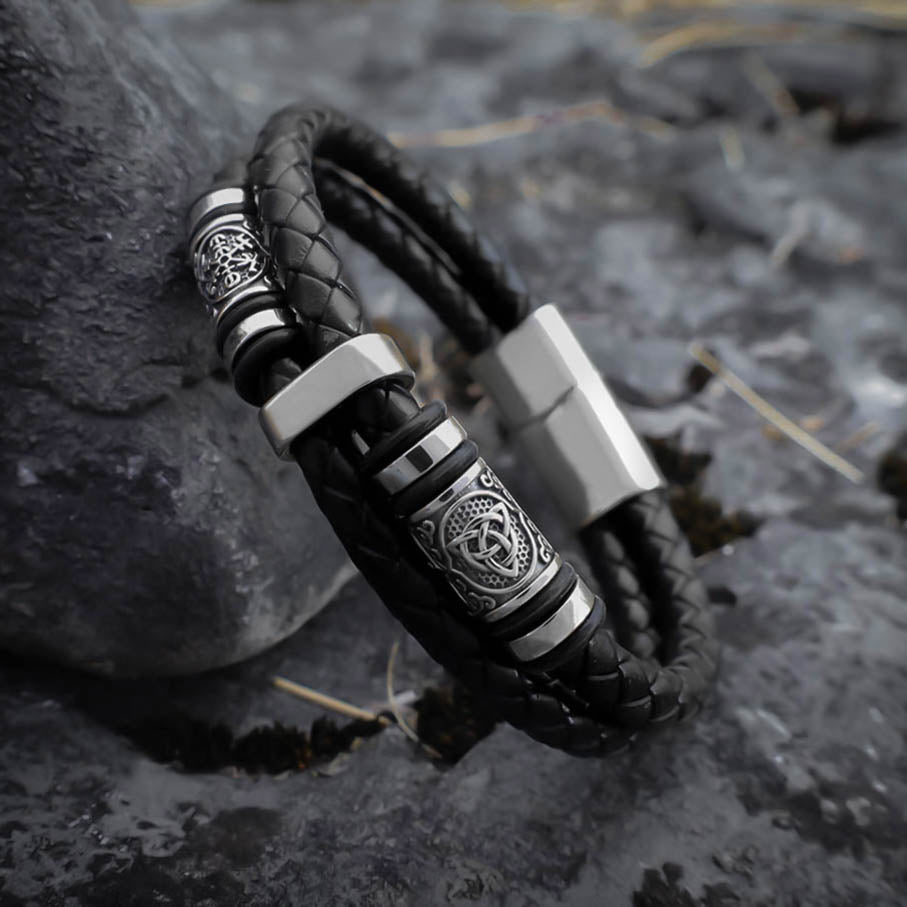 Ciner ブレスレット Viking Runic Braided Bracelet - Norse Leather Bracelet with Silver
