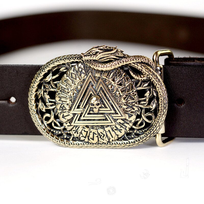 Handcrafted Serpent's Valknut Belt Buckle - Brass