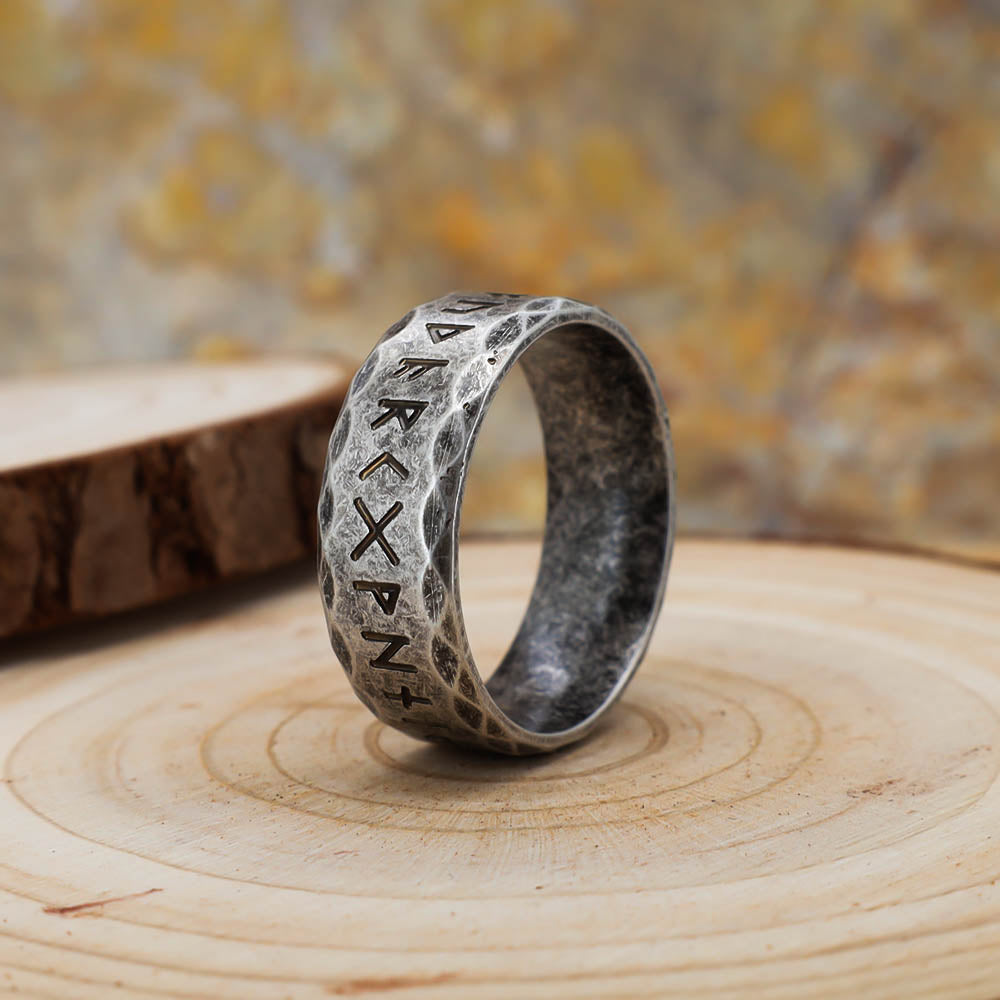 Rustic Tapped Texture Runed Band - Stainless Steel