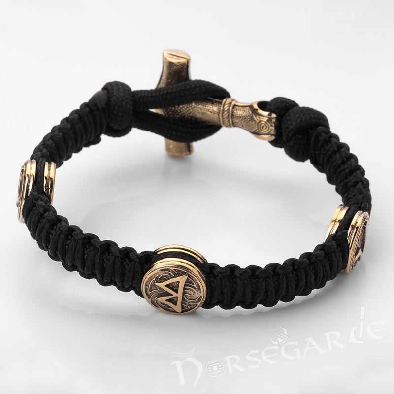 Handcrafted Ash Paracord Bracelet with Mjölnir and Runes - Brass