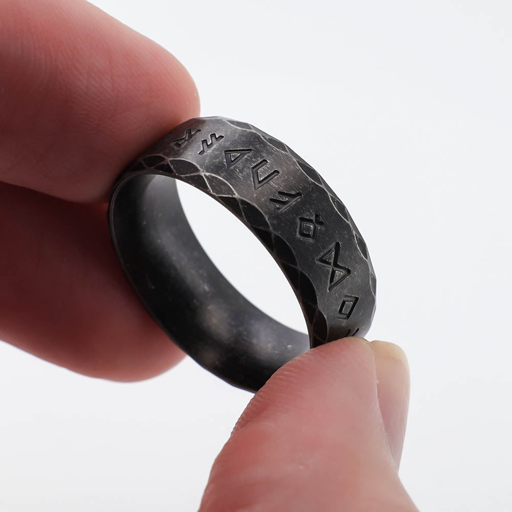 Black Tapped Texture Runed Band - Stainless Steel