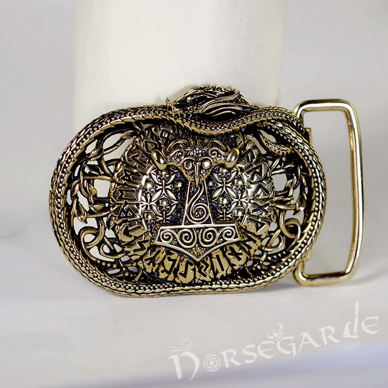 Handcrafted Serpent's Mjolnir Belt Buckle - Brass