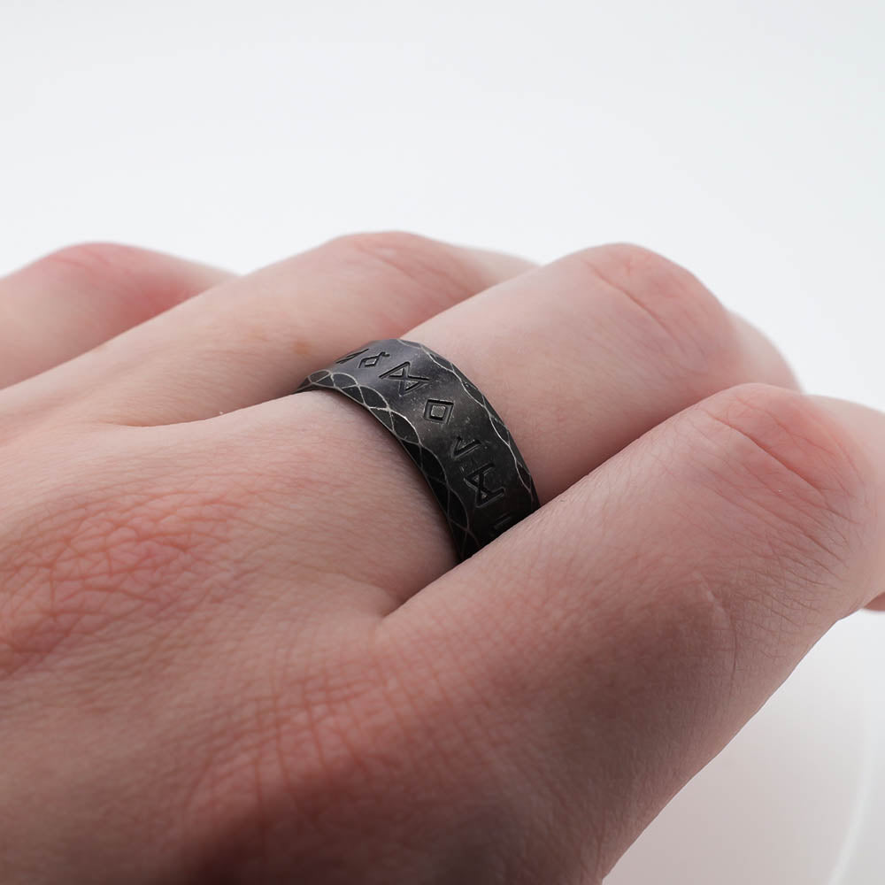 Black Tapped Texture Runed Band - Stainless Steel