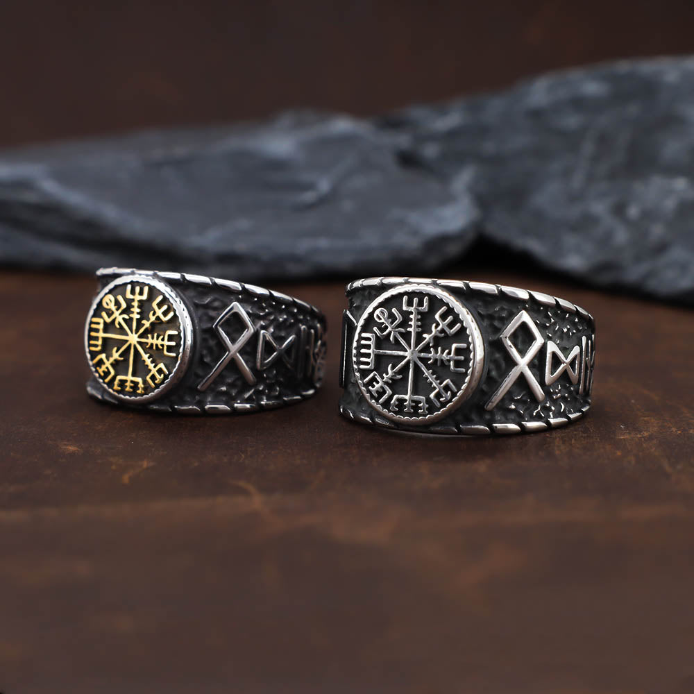 Vegvisir Elder Runes Signet Ring - Stainless Steel