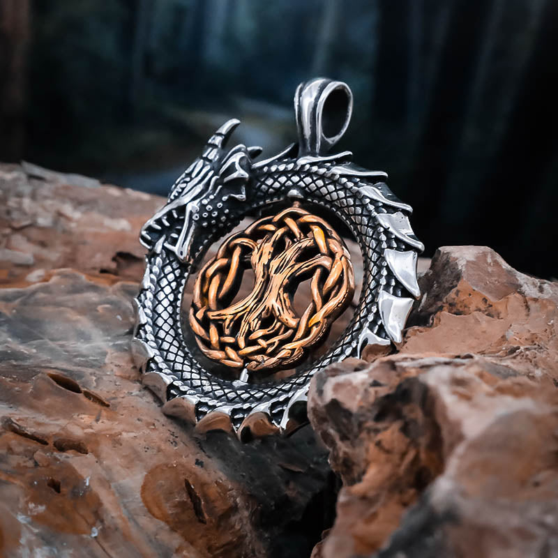 Serpent and Yggdrasil Ouroboros Pendant - Stainless Steel