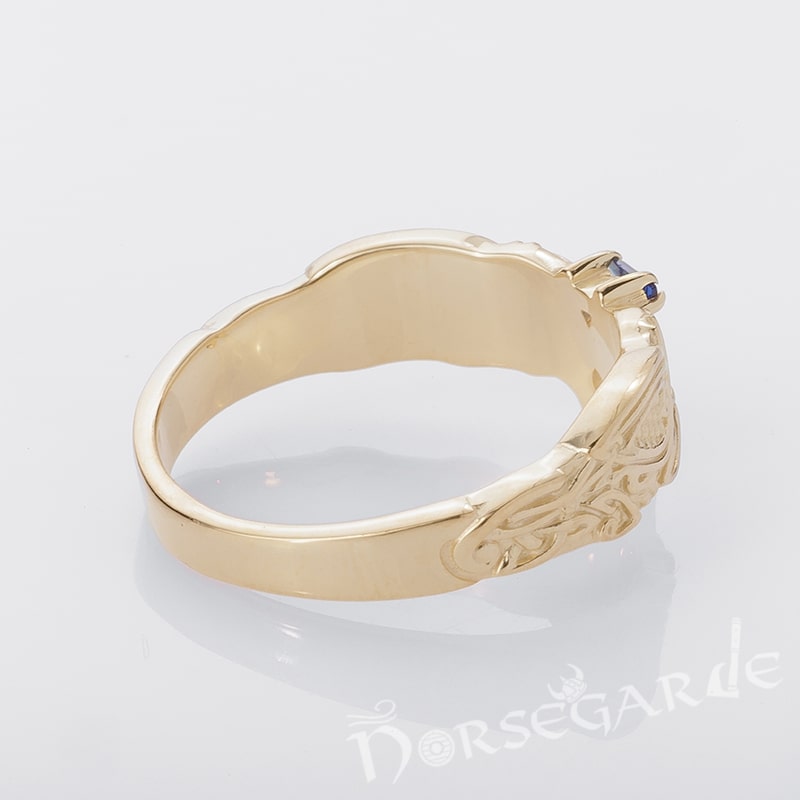 Handcrafted Celtic Ravens Gemmed Band - Gold with Gem
