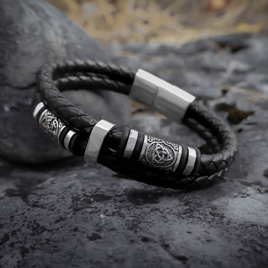 Viking Bead Dual Braid Leather Bracelet - Sterling Silver