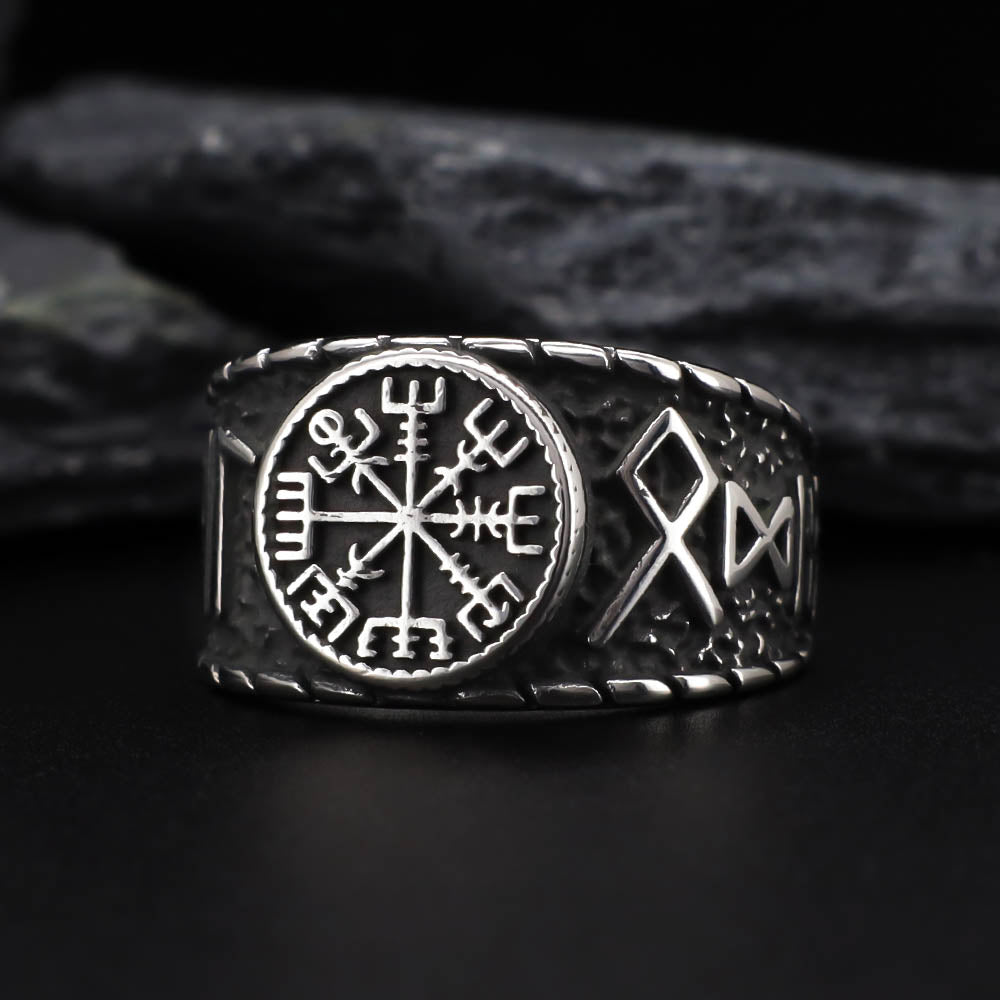 Vegvisir Elder Runes Signet Ring - Stainless Steel