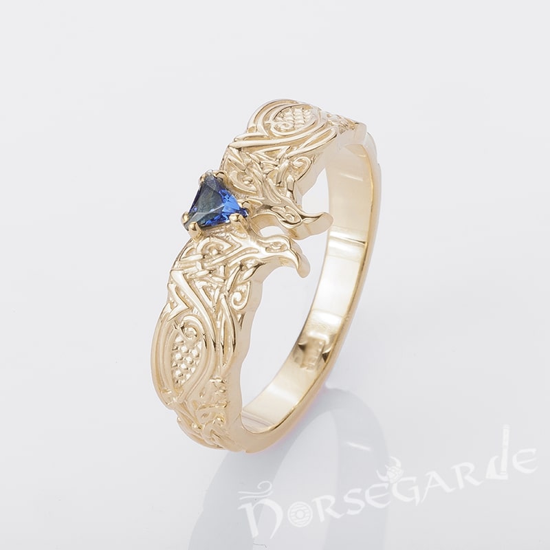 Handcrafted Celtic Ravens Gemmed Band - Gold with Gem