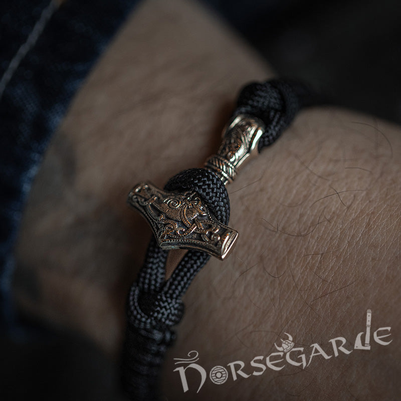 Handcrafted Ash Paracord Bracelet with Mjölnir and Runes - Brass
