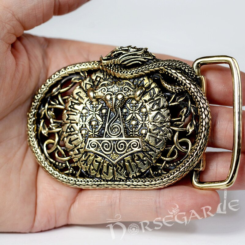 Handcrafted Serpent's Mjolnir Belt Buckle - Brass