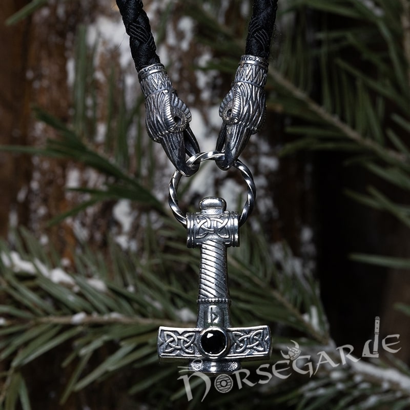 Handcrafted Ravens Necklace with Mjölnir - Sterling Silver