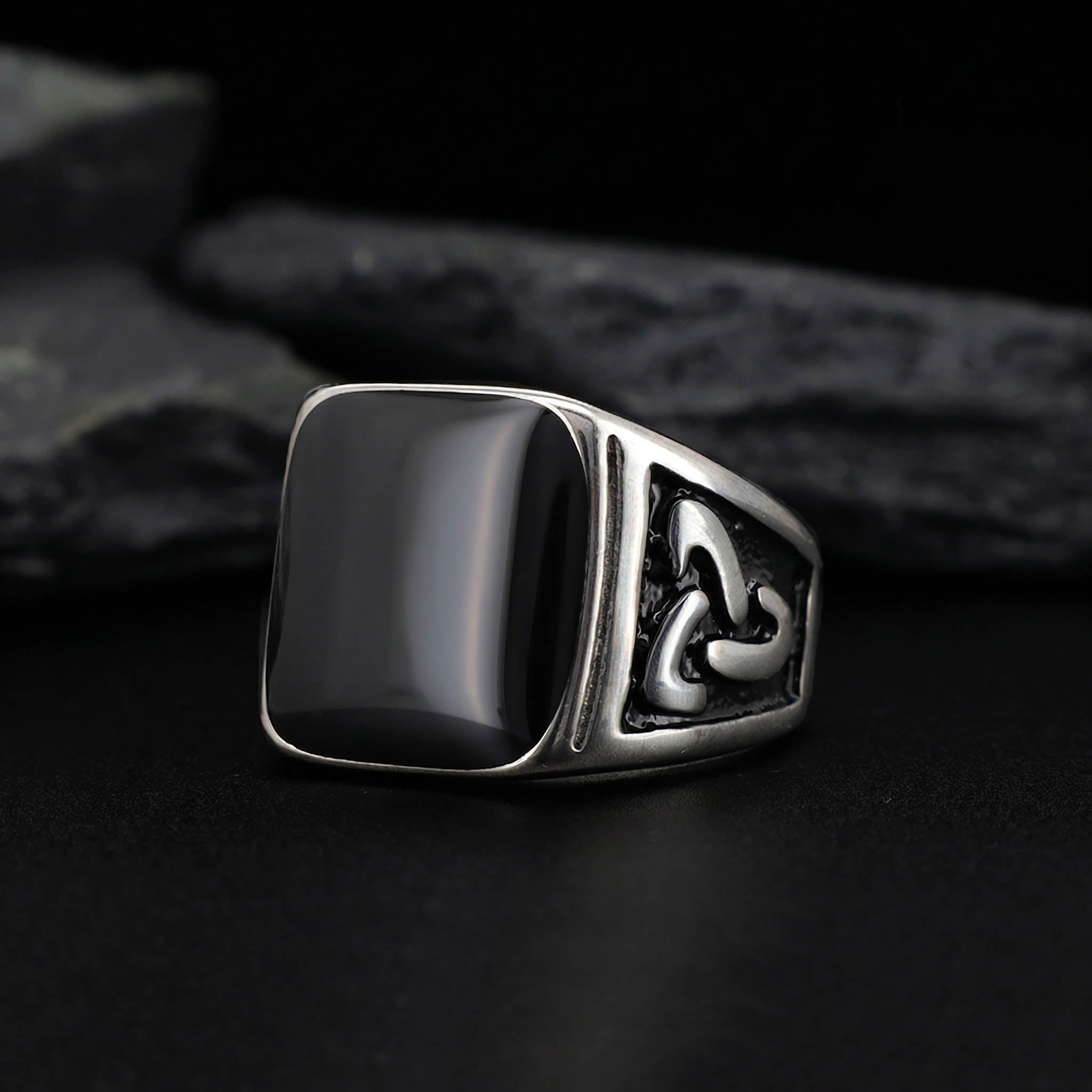 Celtic Knot Signet Ring - Norse Ring with Black Onyx