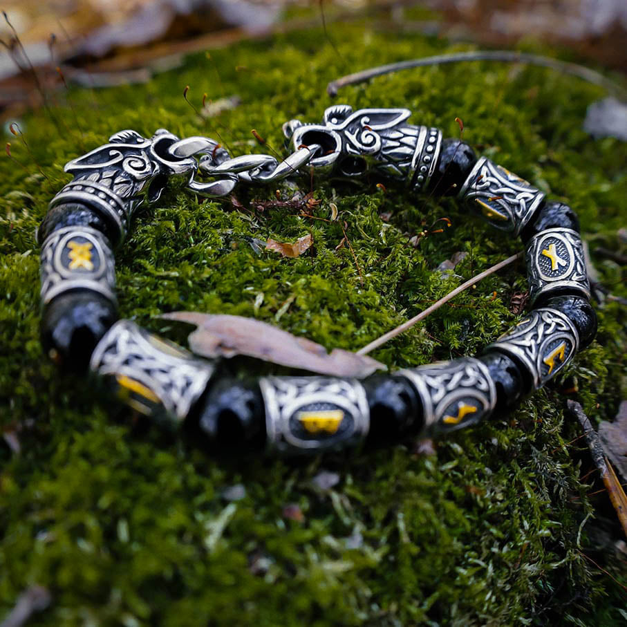 Runes and Beads Elastic Wolf Bracelet