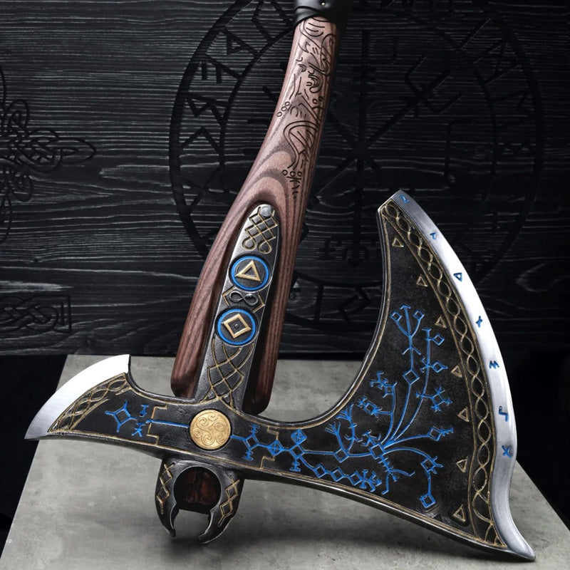 Handforged Leviathan Decorated Replica Axe - Blue & Gold