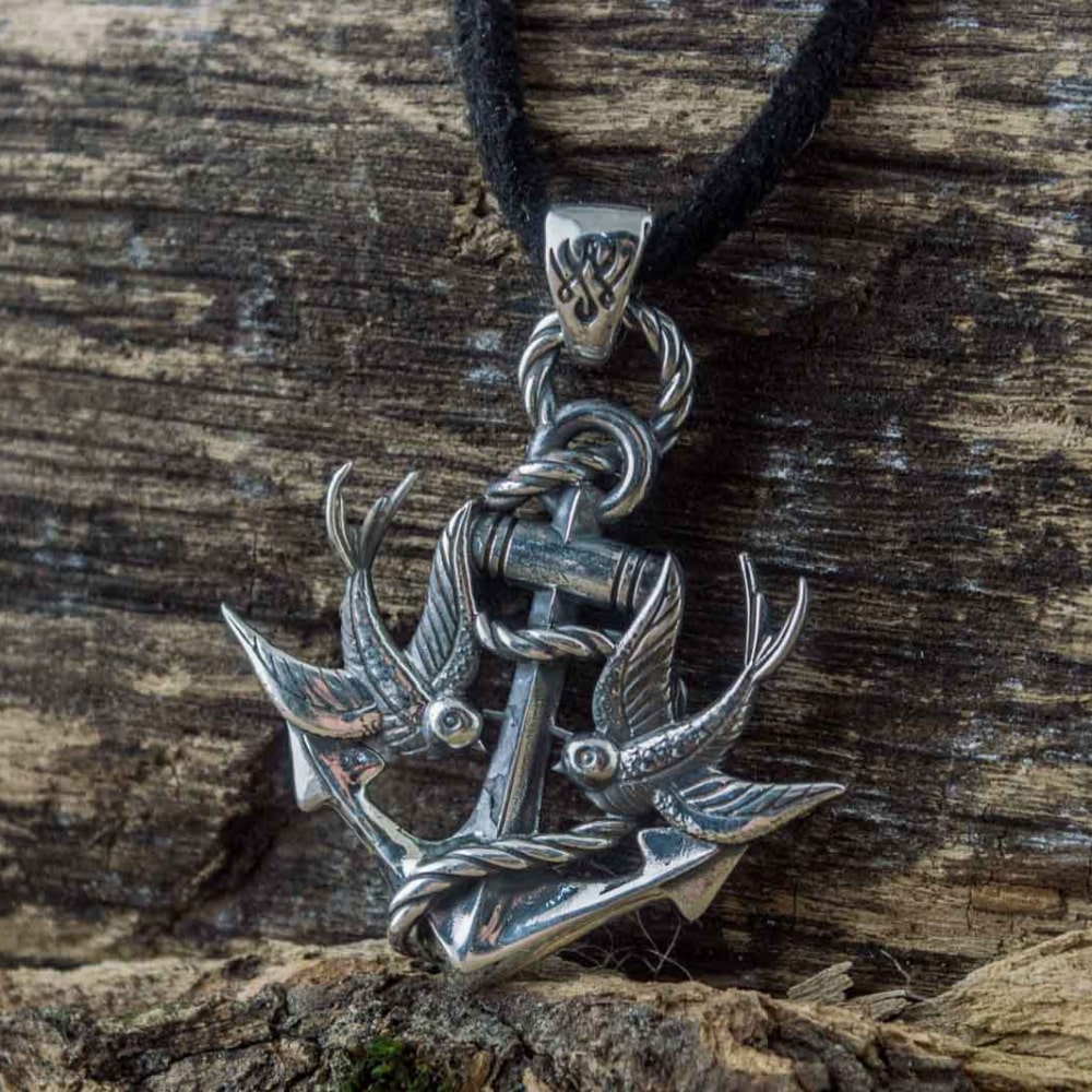 Handcrafted Anchor & Swallows Pendant - Sterling Silver