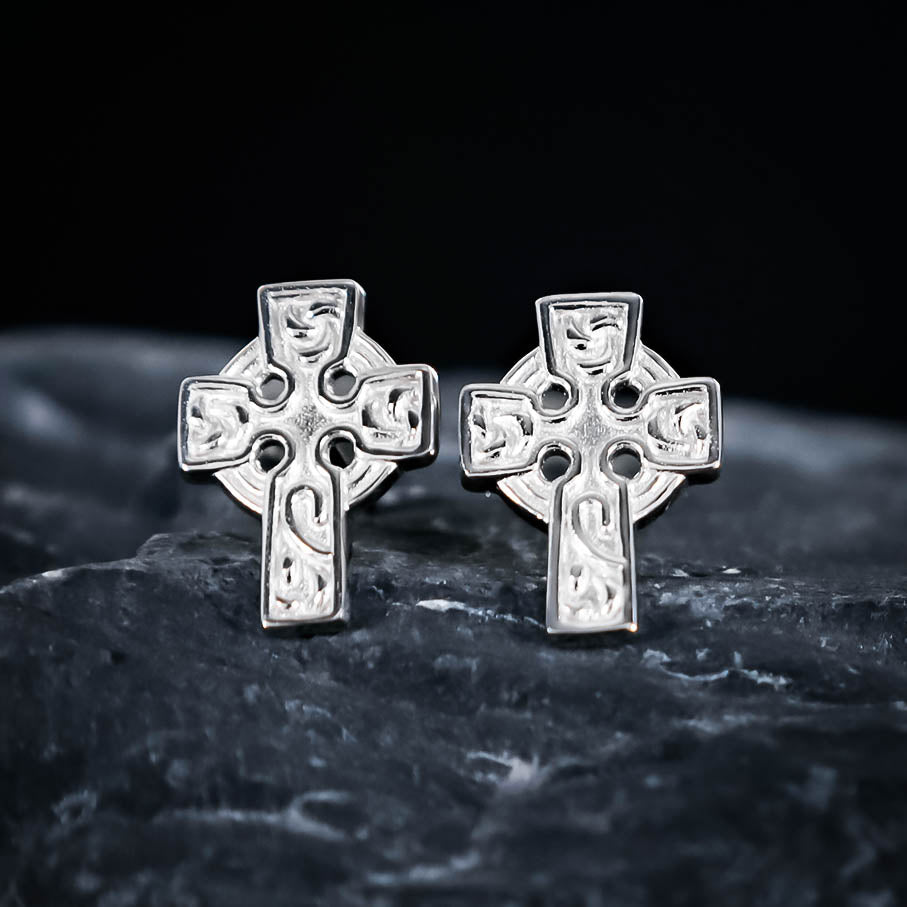 Ornamental Celtic Cross Stud Earrings - Sterling Silver