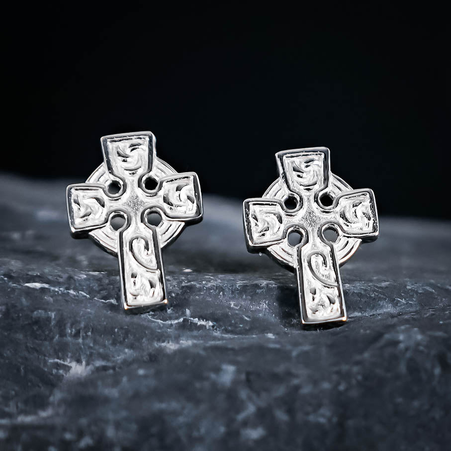 Ornamental Celtic Cross Stud Earrings - Sterling Silver