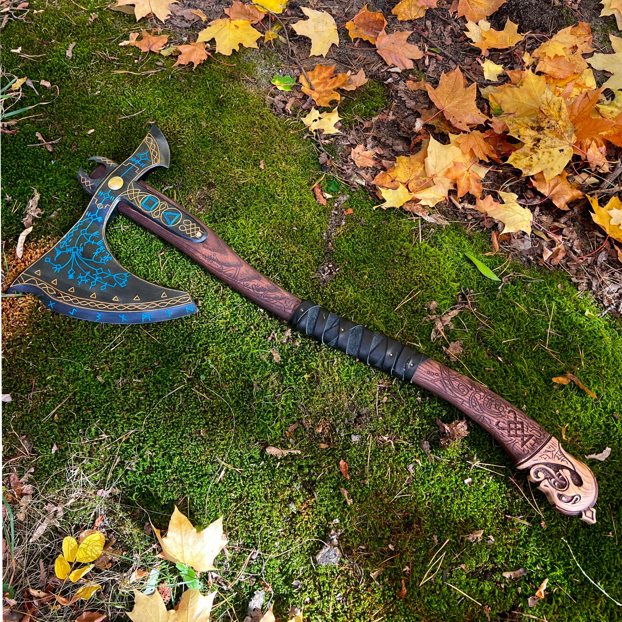 Handforged Leviathan Decorated Replica Axe - Blue & Gold
