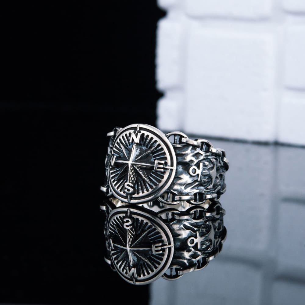 Handcrafted Compass and Anchor Ring - Sterling Silver