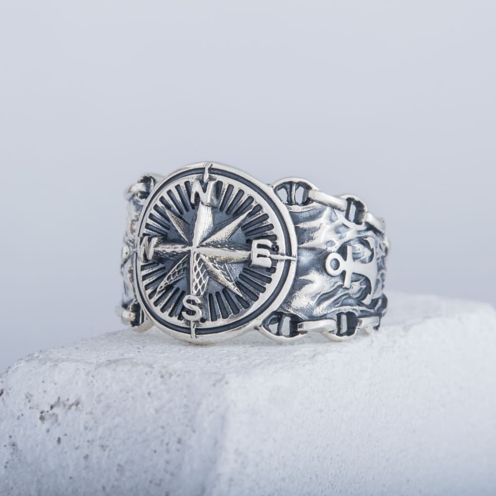 Handcrafted Compass and Anchor Ring - Sterling Silver