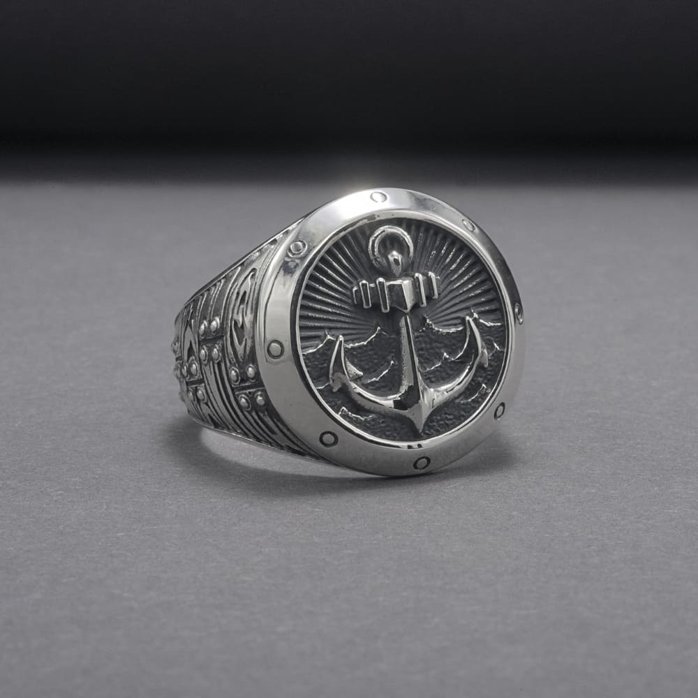 Handcrafted Anchor Crest Signet Ring - Sterling Silver