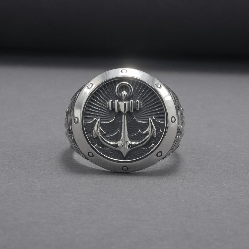 Handcrafted Anchor Crest Signet Ring - Sterling Silver