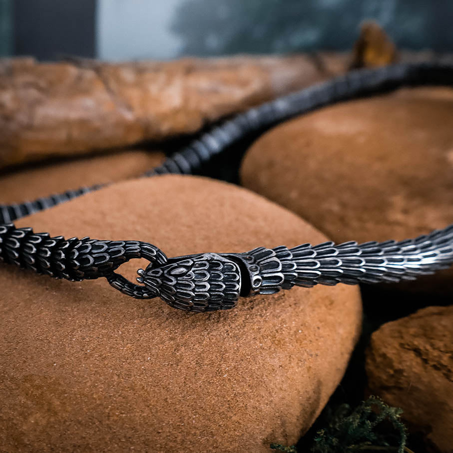 Rustic Jormungandr Serpent Necklace - Stainless Steel