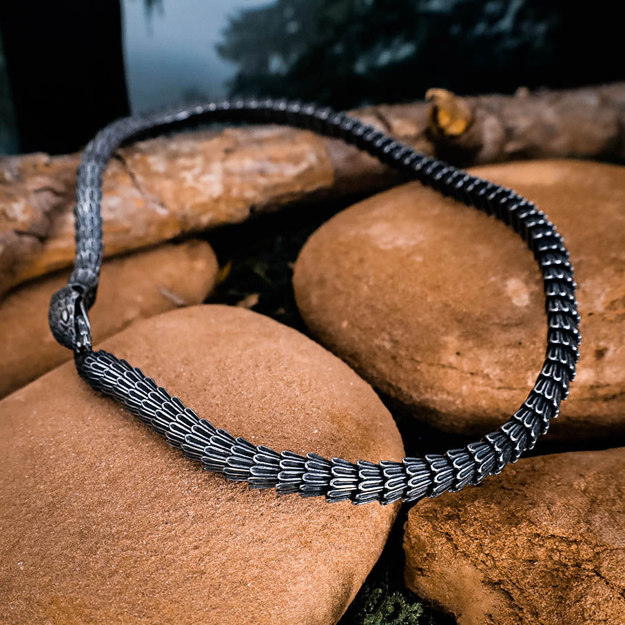 Rustic Jormungandr Serpent Necklace - Stainless Steel